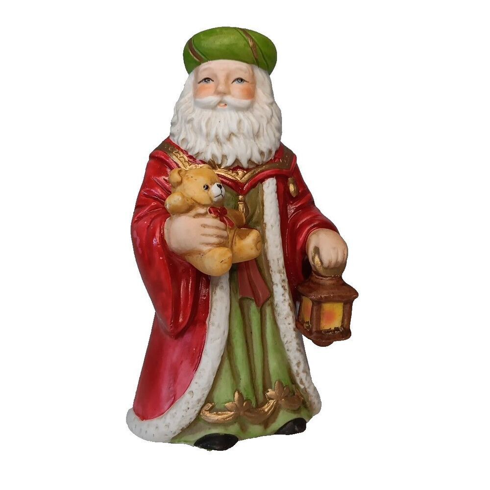 Traditional Father Christmas Old World Santa Figure Homco #5610 Bear Lantern